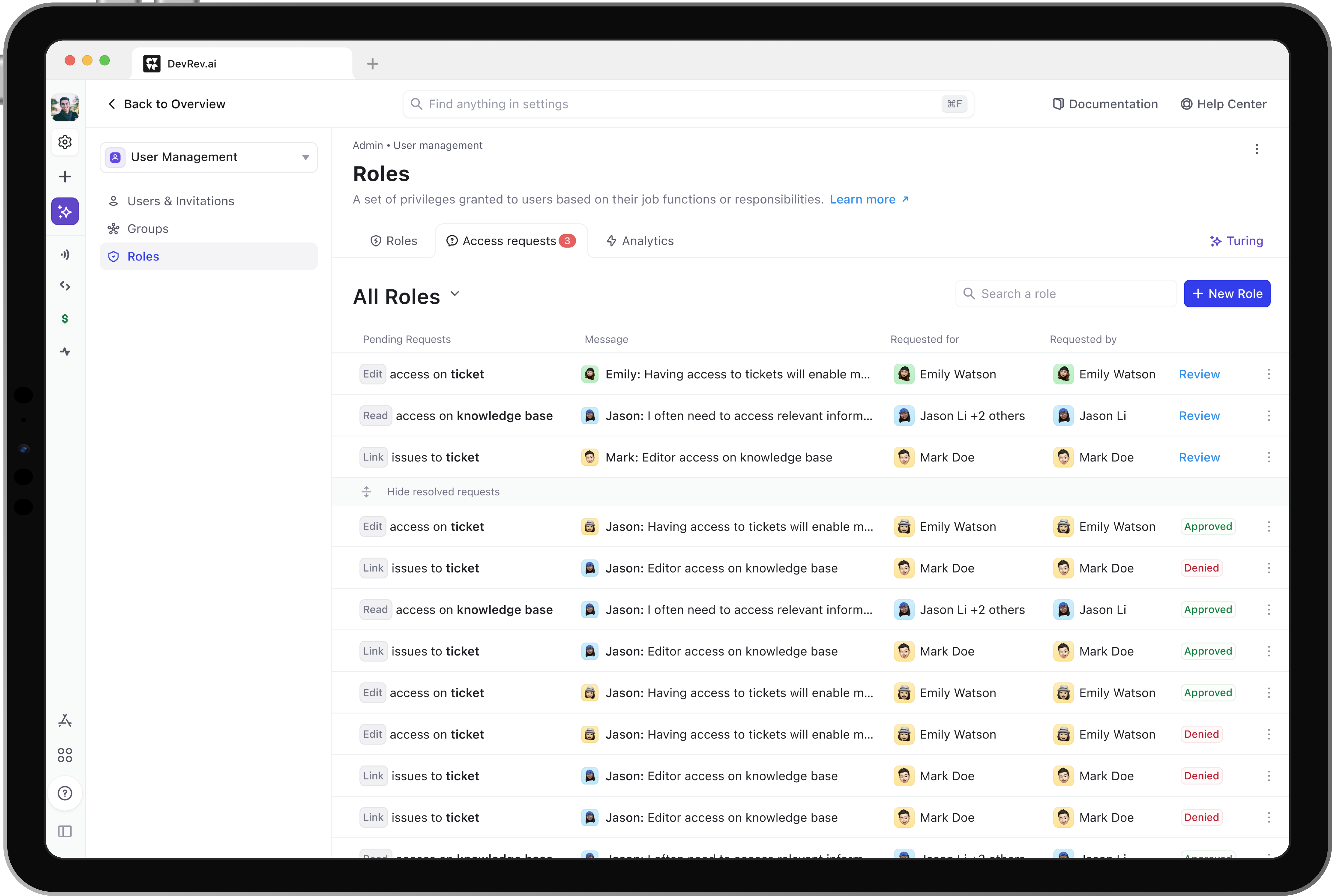 All roles with access requests